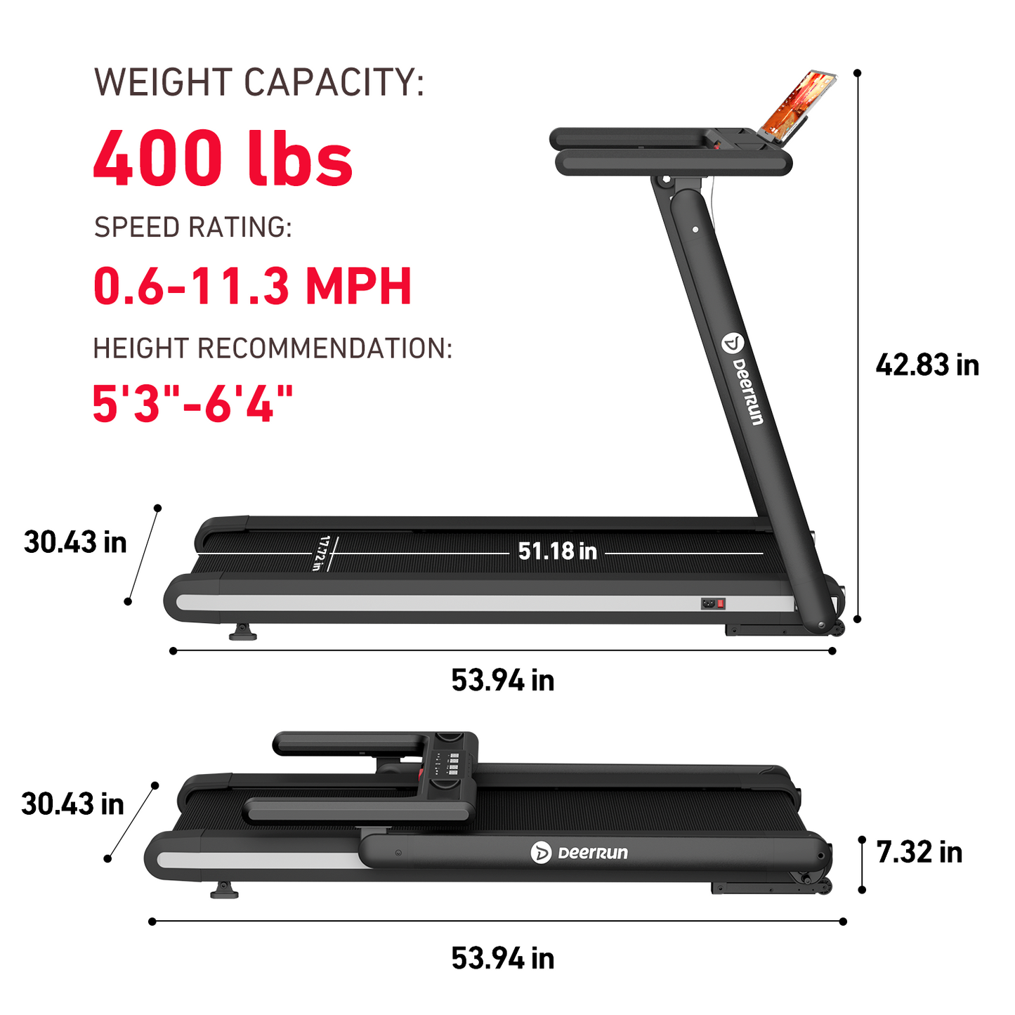 DeerRun X20 Incline Home Treadmill with 15% Auto Incline & Full Running Deck | 400 lbs, 11.3 mph